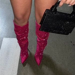 Hot Pink Rhinestone Boots, Pointy Toe Stiletto Boots, Slouchy Heeled Boots